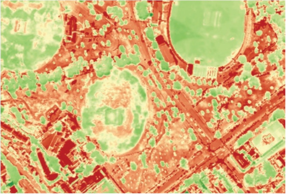 Land surface temperature showing cooler areas around irrigated ovals and tree canopy on a day with a maximum temperature of 37 deg C. Source: CRC Water Sensitive Cities 